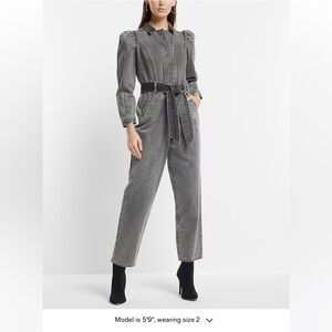 Puff Sleeve Tie Waist Gray Wash Denim Jumpsuit